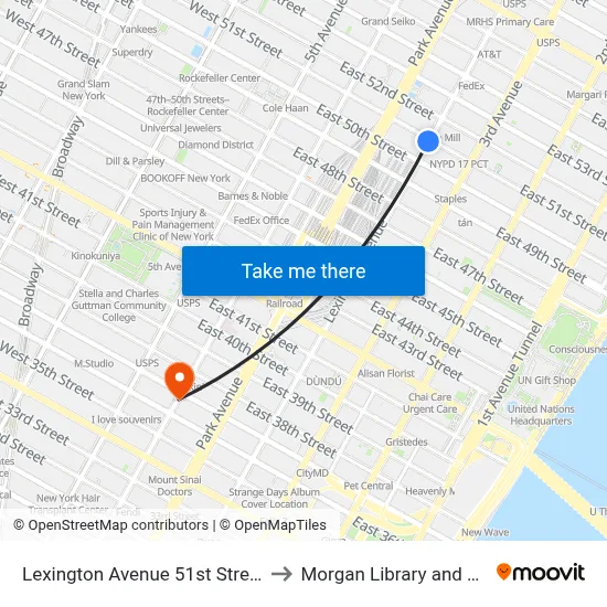 Lexington Avenue 51st Street Station to Morgan Library and Museum map