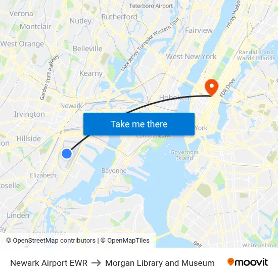 Newark Airport EWR to Morgan Library and Museum map