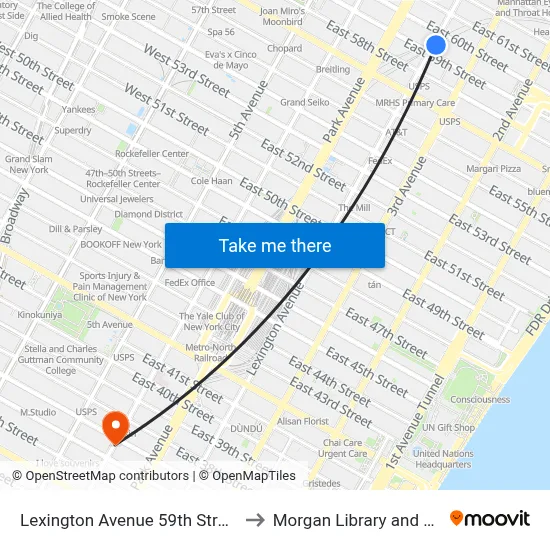 Lexington Avenue 59th Street Station to Morgan Library and Museum map