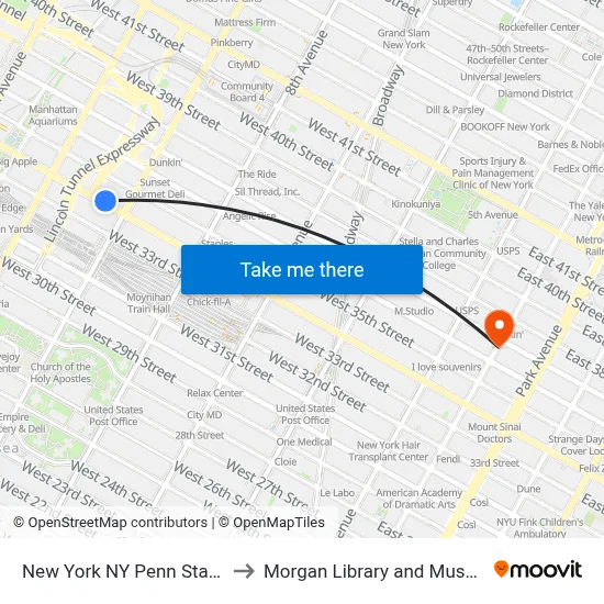 New York NY Penn Station to Morgan Library and Museum map
