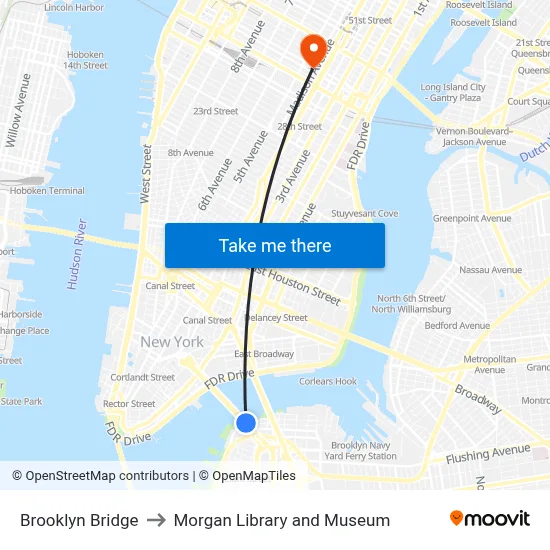 Brooklyn Bridge to Morgan Library and Museum map