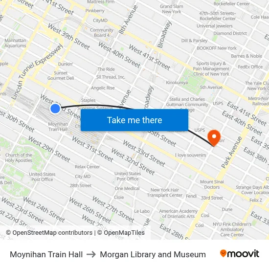 Moynihan Train Hall to Morgan Library and Museum map