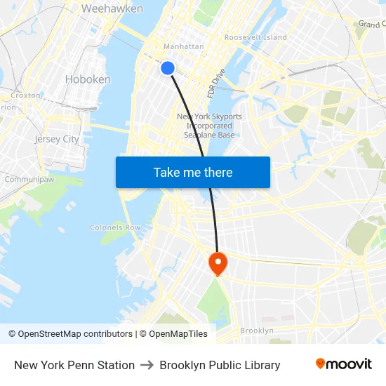 New York Penn Station to Brooklyn Public Library map