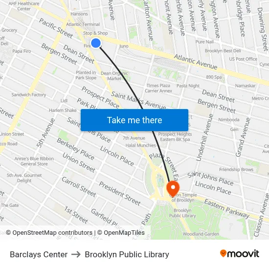 Barclays Center to Brooklyn Public Library map