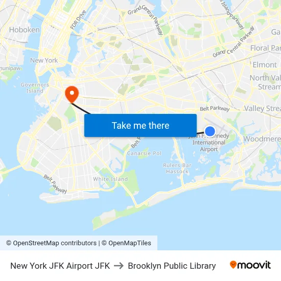 New York JFK Airport JFK to Brooklyn Public Library map