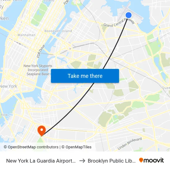 New York La Guardia Airport LGA to Brooklyn Public Library map