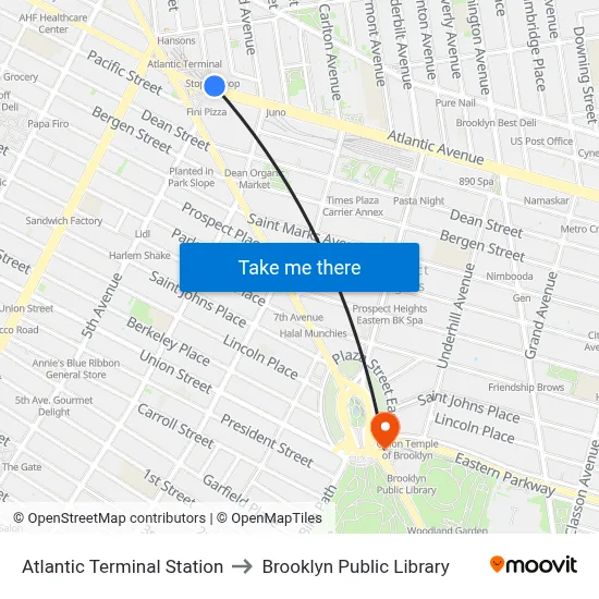 Atlantic Terminal Station to Brooklyn Public Library map