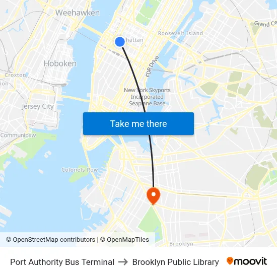 Port Authority Bus Terminal to Brooklyn Public Library map