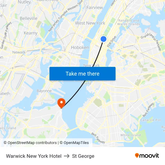 Warwick New York Hotel to St George map