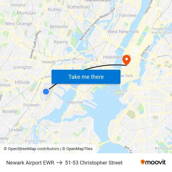 Newark Airport EWR to 51-53 Christopher Street map