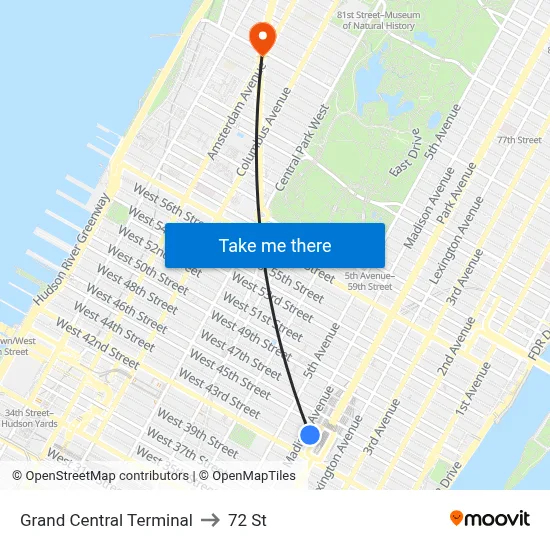 Grand Central Terminal to 72 St map