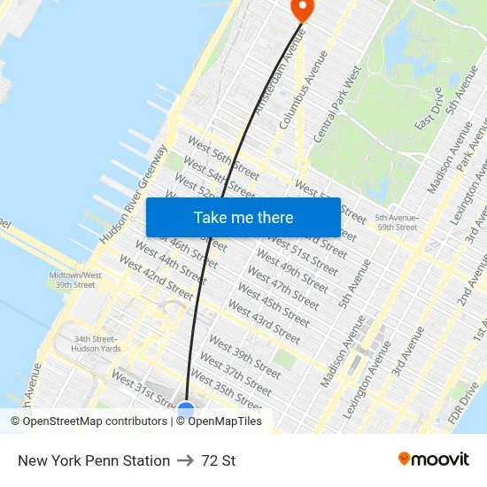 New York Penn Station to 72 St map