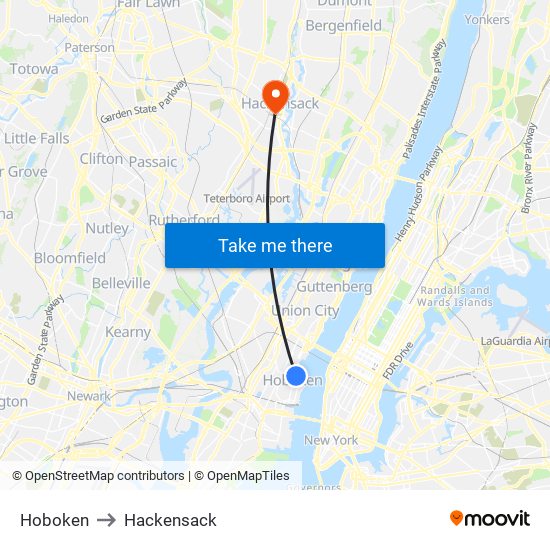 Hoboken to Hackensack map