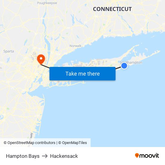 Hampton Bays to Hackensack map