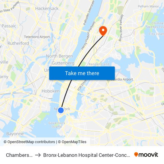 Chambers St to Bronx-Lebanon Hospital Center-Concourse map