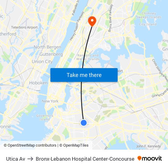 Utica Av to Bronx-Lebanon Hospital Center-Concourse map