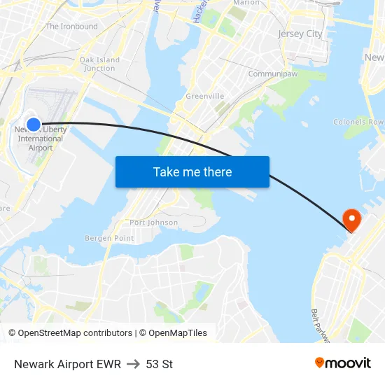 Newark Airport EWR to 53 St map