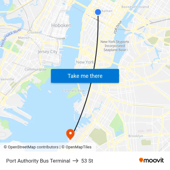Port Authority Bus Terminal to 53 St map