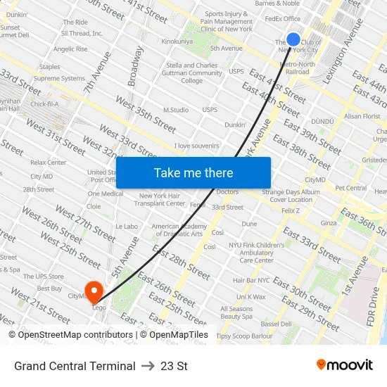Grand Central Terminal to 23 St map