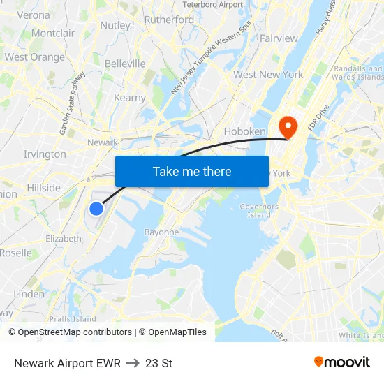 Newark Airport EWR to 23 St map