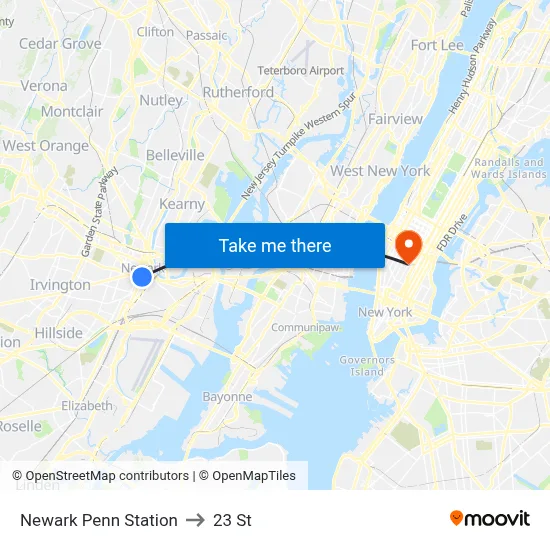 Newark Penn Station to 23 St map