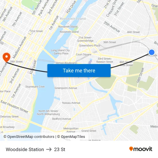 Woodside Station to 23 St map