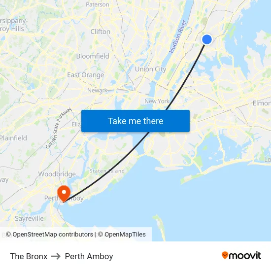 The Bronx to Perth Amboy map