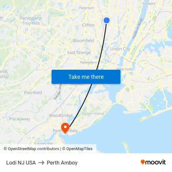 Lodi NJ USA to Perth Amboy map