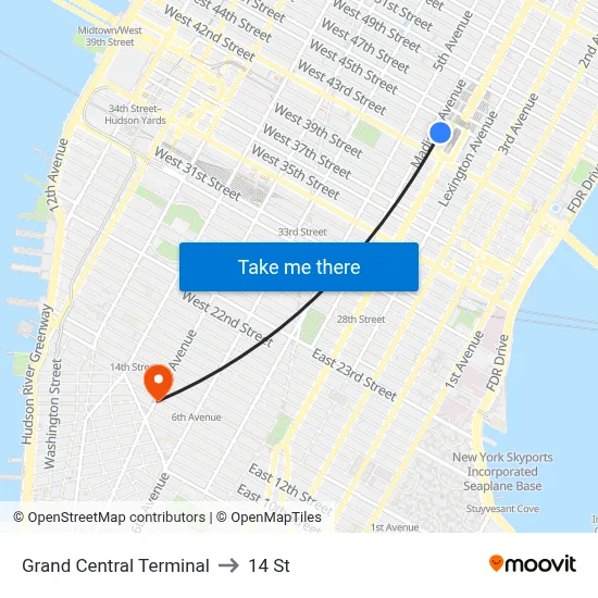 Grand Central Terminal to 14 St map