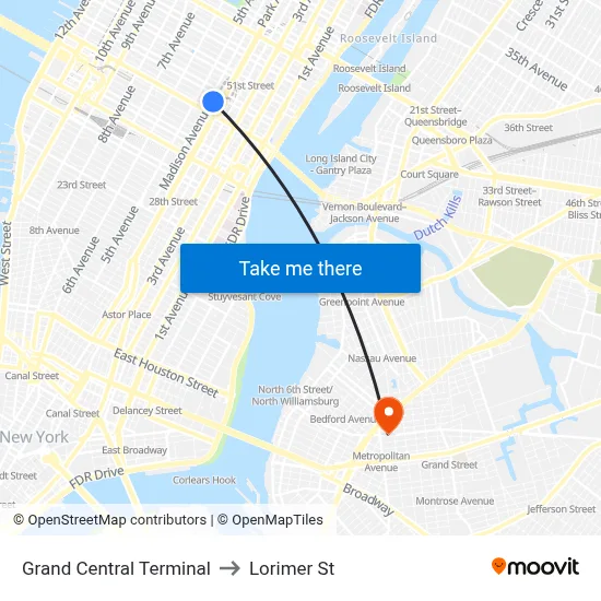 Grand Central Terminal to Lorimer St map