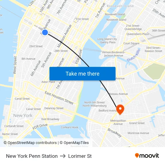 New York Penn Station to Lorimer St map