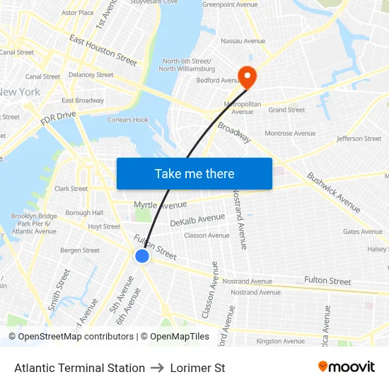 Atlantic Terminal Station to Lorimer St map