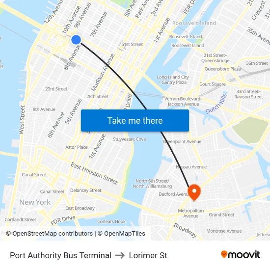Port Authority Bus Terminal to Lorimer St map