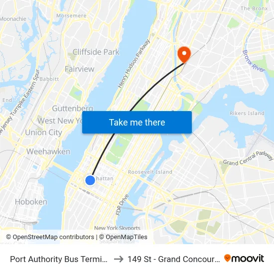 Port Authority Bus Terminal to 149 St - Grand Concourse map