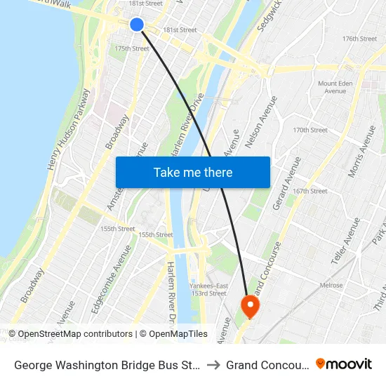George Washington Bridge Bus Station to Grand Concourse map