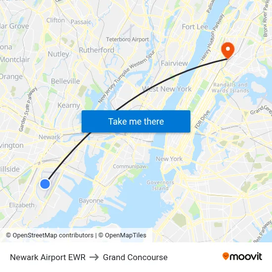 Newark Airport EWR to Grand Concourse map
