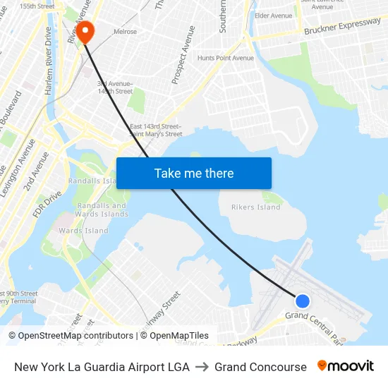 New York La Guardia Airport LGA to Grand Concourse map