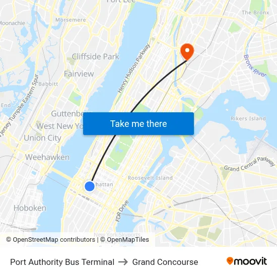 Port Authority Bus Terminal to Grand Concourse map