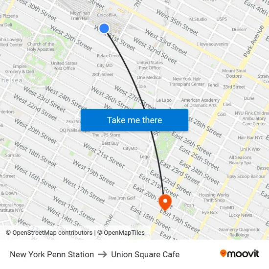 New York Penn Station to Union Square Cafe map
