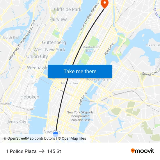 1 Police Plaza to 145 St map