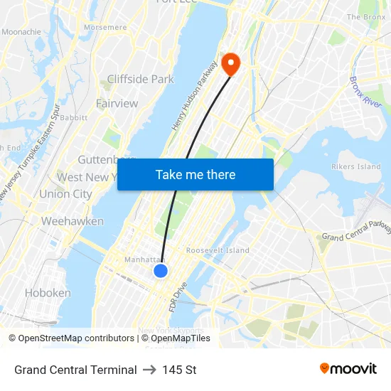 Grand Central Terminal to 145 St map