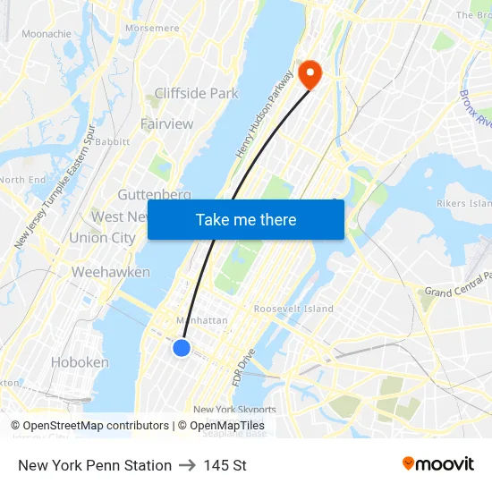New York Penn Station to 145 St map