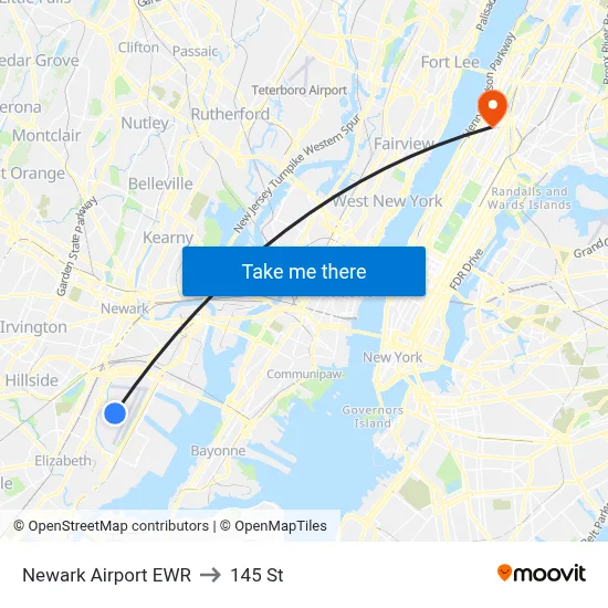 Newark Airport EWR to 145 St map