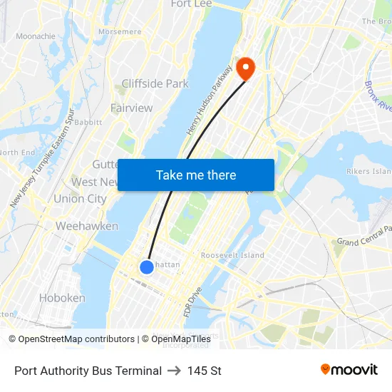 Port Authority Bus Terminal to 145 St map
