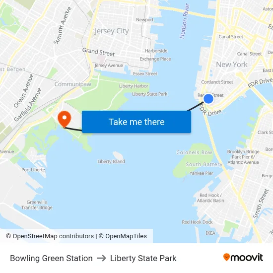 Bowling Green Station to Liberty State Park map