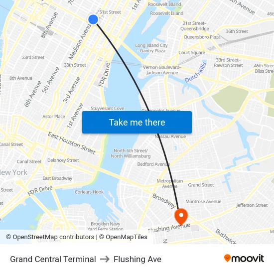 Grand Central Terminal to Flushing Ave map