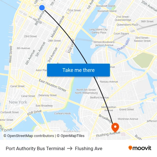 Port Authority Bus Terminal to Flushing Ave map