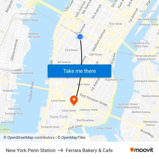 New York Penn Station to Ferrara Bakery & Cafe map