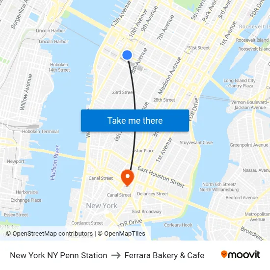 New York NY Penn Station to Ferrara Bakery & Cafe map