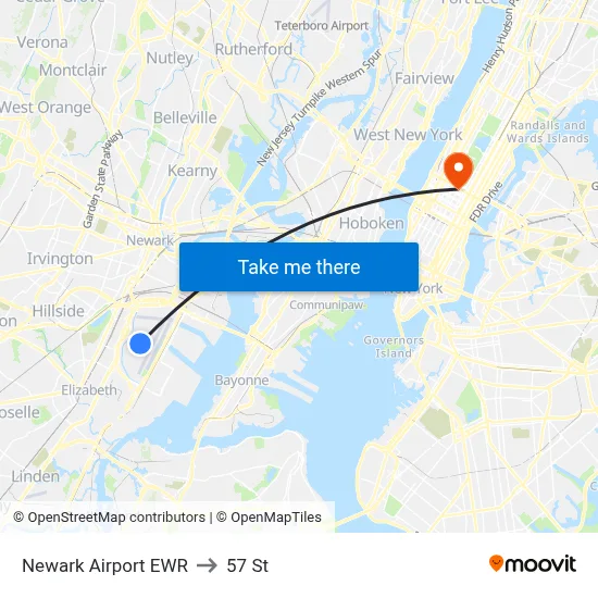 Newark Airport EWR to 57 St map